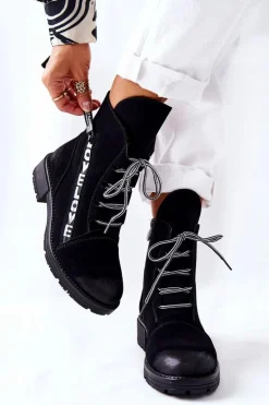 Skórzane Botki Z Ozdobnym Suwakiem Czarne Lomissa