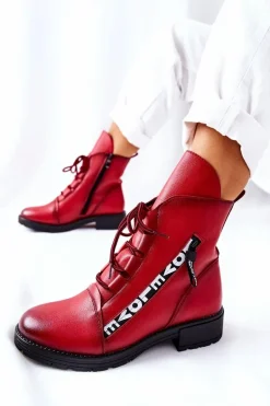 Skórzane Botki Z Ozdobnym Suwakiem Czerwone Lomissa