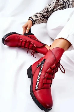 Skórzane Botki Z Ozdobnym Suwakiem Czerwone Lomissa