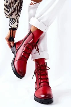 Skórzane Botki Z Ozdobnym Suwakiem Czerwone Lomissa