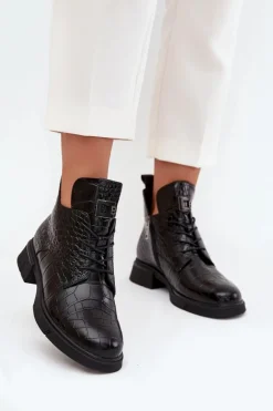 Skórzane Botki Z Ozdobnym Tłoczeniem Ocieplane Vinceza 66815 Czarne