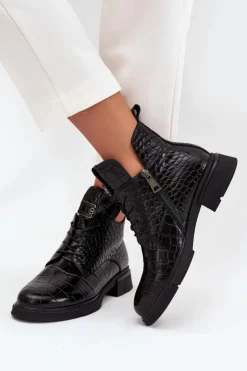 Skórzane Botki Z Ozdobnym Tłoczeniem Ocieplane Vinceza 66815 Czarne