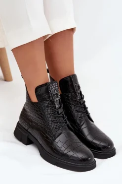 Skórzane Botki Z Ozdobnym Tłoczeniem Ocieplane Vinceza 66815 Czarne