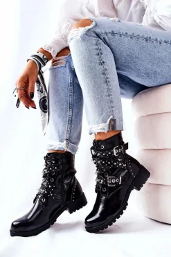 Skórzane Botki Z Paskami Czarne Kepherine