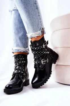 Skórzane Botki Z Paskami Czarne Kepherine