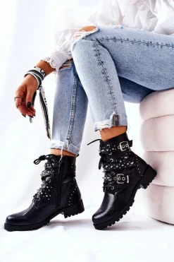 Skórzane Botki Z Paskami Zwierzęcy Wzór Czarne Kepherine