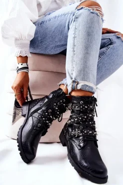 Skórzane Botki Z Paskami Zwierzęcy Wzór Czarne Kepherine