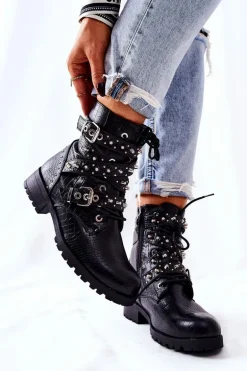 Skórzane Botki Z Paskami Zwierzęcy Wzór Czarne Kepherine