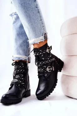 Skórzane Botki Z Paskami Zwierzęcy Wzór Czarne Kepherine