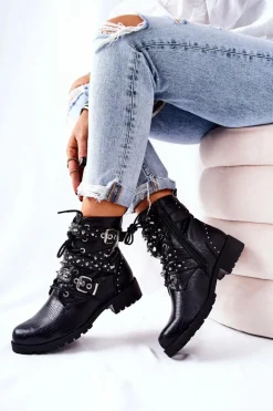 Skórzane Botki Z Paskami Zwierzęcy Wzór Czarne Kepherine