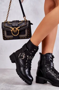 Skórzane Botki Z Paskiem I Ćwiekami Czarne Lanelly