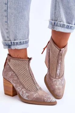 Skórzane Botki Z Siateczką Maciejka 05842-04 Beżowe