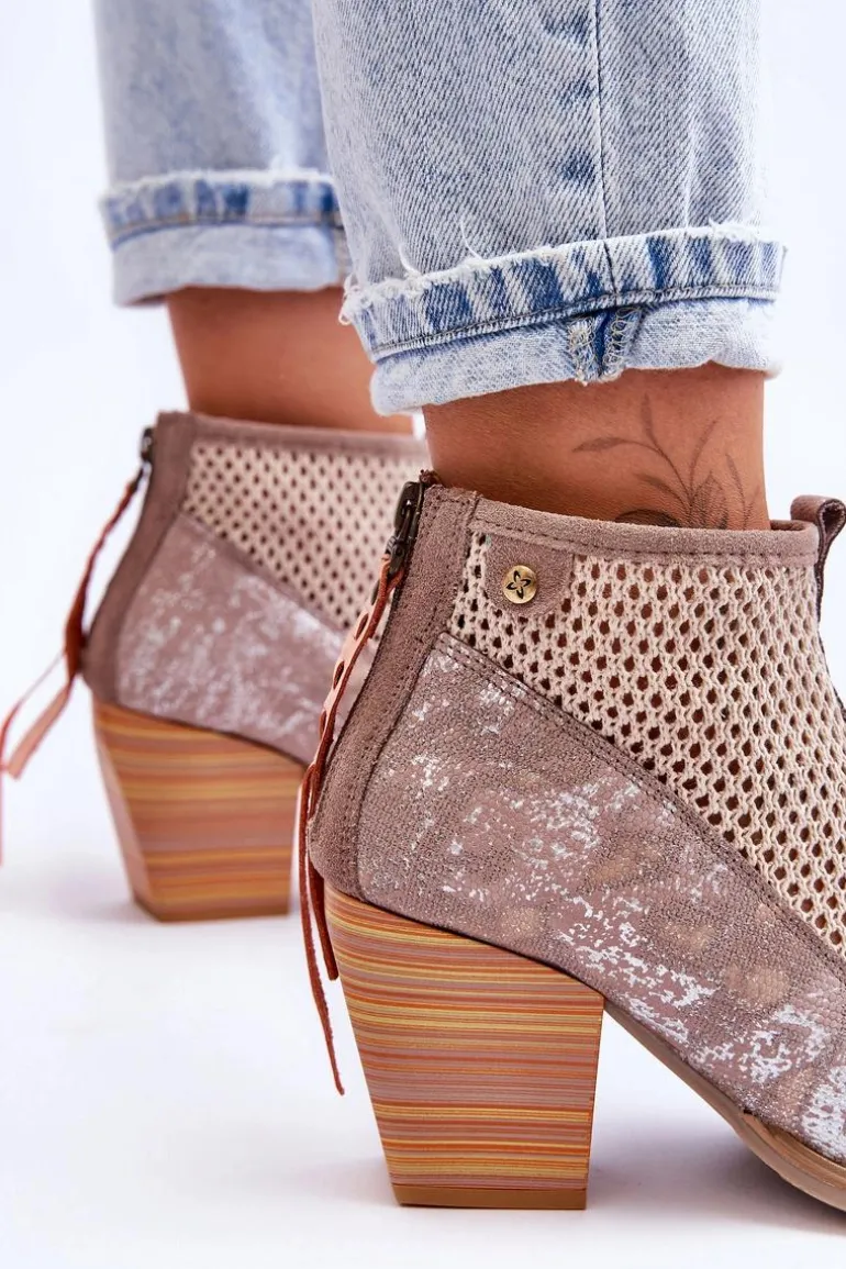 Skórzane Botki Z Siateczką Maciejka 05842-04 Beżowe