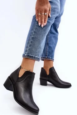 Skórzane Botki Z Wycięciami Na Obcasie Czarne Dalros