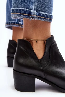 Skórzane Botki Z Wycięciami Na Obcasie Czarne Dalros