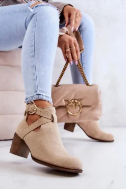 Skórzane Botki Z Wycięciem Na Słupku Beżowe Lemar Axelle