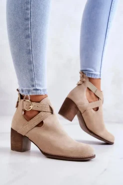 Skórzane Botki Z Wycięciem Na Słupku Beżowe Lemar Axelle