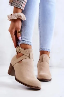 Skórzane Botki Z Wycięciem Na Słupku Beżowe Lemar Axelle