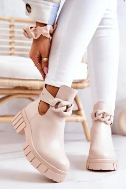 Skórzane Botki Z Wycięciem Beżowe Karen