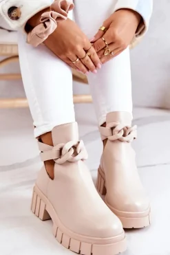 Skórzane Botki Z Wycięciem Beżowe Karen