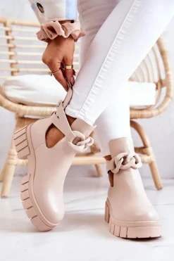 Skórzane Botki Z Wycięciem Beżowe Karen