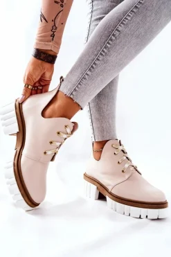 Skórzane Botki Z Wycięciem Wiązane Beżowe Kaxo