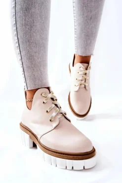 Skórzane Botki Z Wycięciem Wiązane Beżowe Kaxo