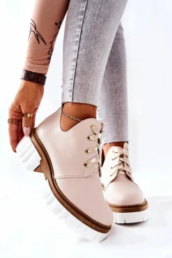 Skórzane Botki Z Wycięciem Wiązane Beżowe Kaxo