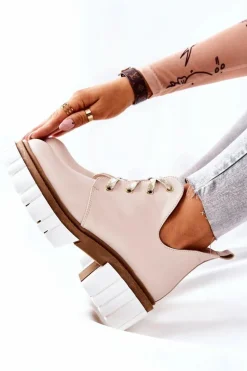 Skórzane Botki Z Wycięciem Wiązane Beżowe Kaxo