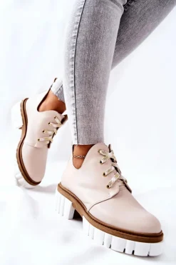 Skórzane Botki Z Wycięciem Wiązane Beżowe Kaxo