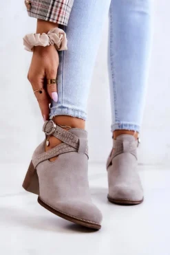 Skórzane Botki Z Wycięciem Na Słupku Szare Axelle