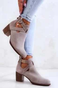 Skórzane Botki Z Wycięciem Na Słupku Szare Axelle
