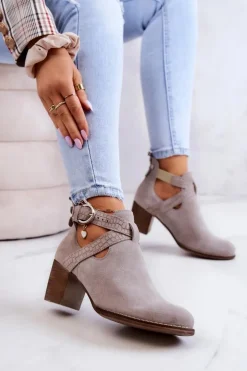 Skórzane Botki Z Wycięciem Na Słupku Szare Axelle