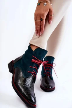 Skórzane Botki Zielono-Czarne Cheyenne