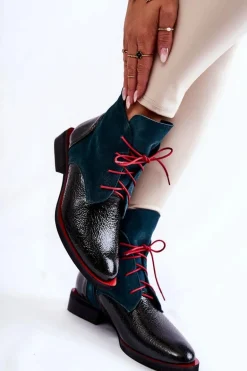 Skórzane Botki Zielono-Czarne Cheyenne