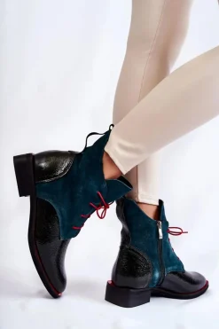 Skórzane Botki Zielono-Czarne Cheyenne