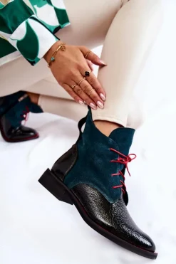 Skórzane Botki Zielono-Czarne Cheyenne