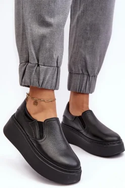 Skórzane Buty Sportowe Damskie na Platformie Czarne Lemar Manish