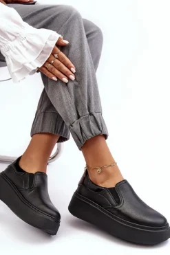 Skórzane Buty Sportowe Damskie na Platformie Czarne Lemar Manish