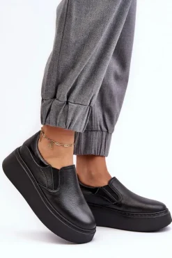 Skórzane Buty Sportowe Damskie na Platformie Czarne Lemar Manish