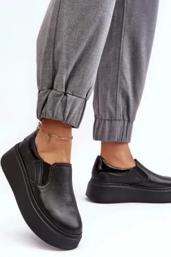 Skórzane Buty Sportowe Damskie na Platformie Czarne Lemar Manish