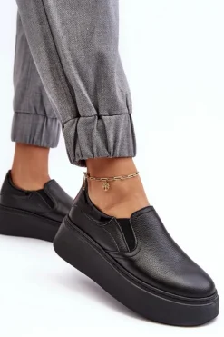 Skórzane Buty Sportowe Damskie na Platformie Czarne Lemar Manish