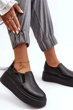 Skórzane Buty Sportowe Damskie na Platformie Czarne Lemar Manish