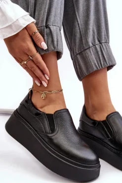 Skórzane Buty Sportowe Damskie na Platformie Czarne Lemar Manish