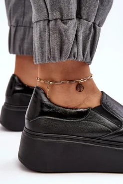 Skórzane Buty Sportowe Damskie na Platformie Czarne Lemar Manish