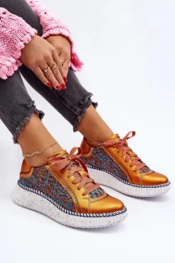 Skórzane Buty Sportowe Damskie Maciejka 06327-18 Pomarańczowe