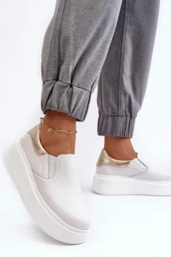 Skórzane Buty Sportowe Damskie na Platformie Białe Lemar Manish