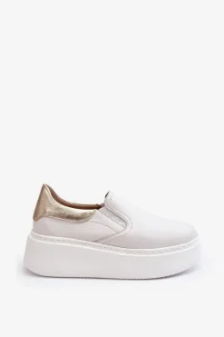 Skórzane Buty Sportowe Damskie na Platformie Białe Lemar Manish