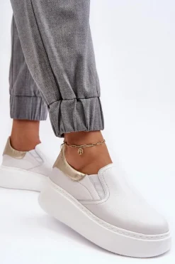 Skórzane Buty Sportowe Damskie na Platformie Białe Lemar Manish