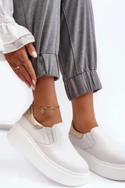 Skórzane Buty Sportowe Damskie na Platformie Białe Lemar Manish